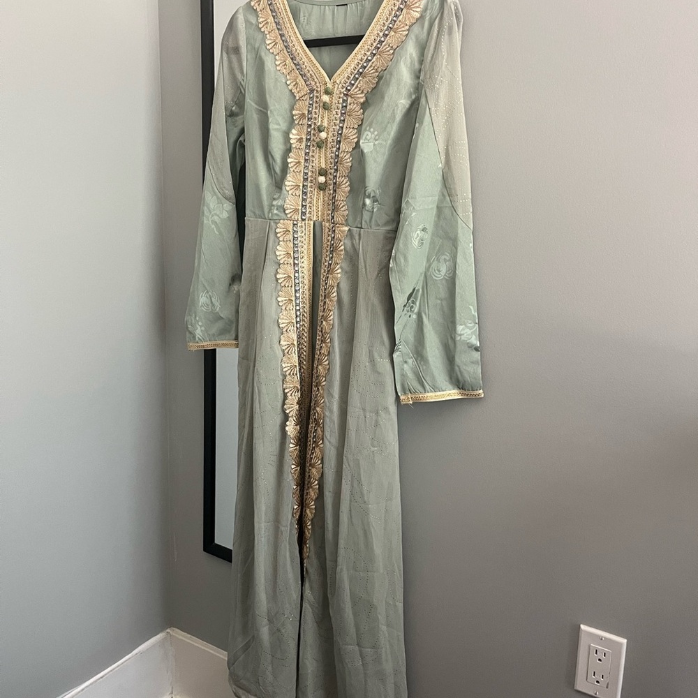Elegant Sage Green Long Dress with Gold Trim